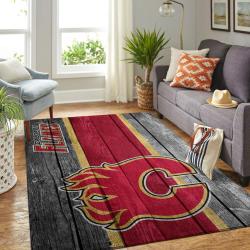 Calgary Flames Nhl Team Logo Area Rug Wooden Style Living Room Regtangle Carpet