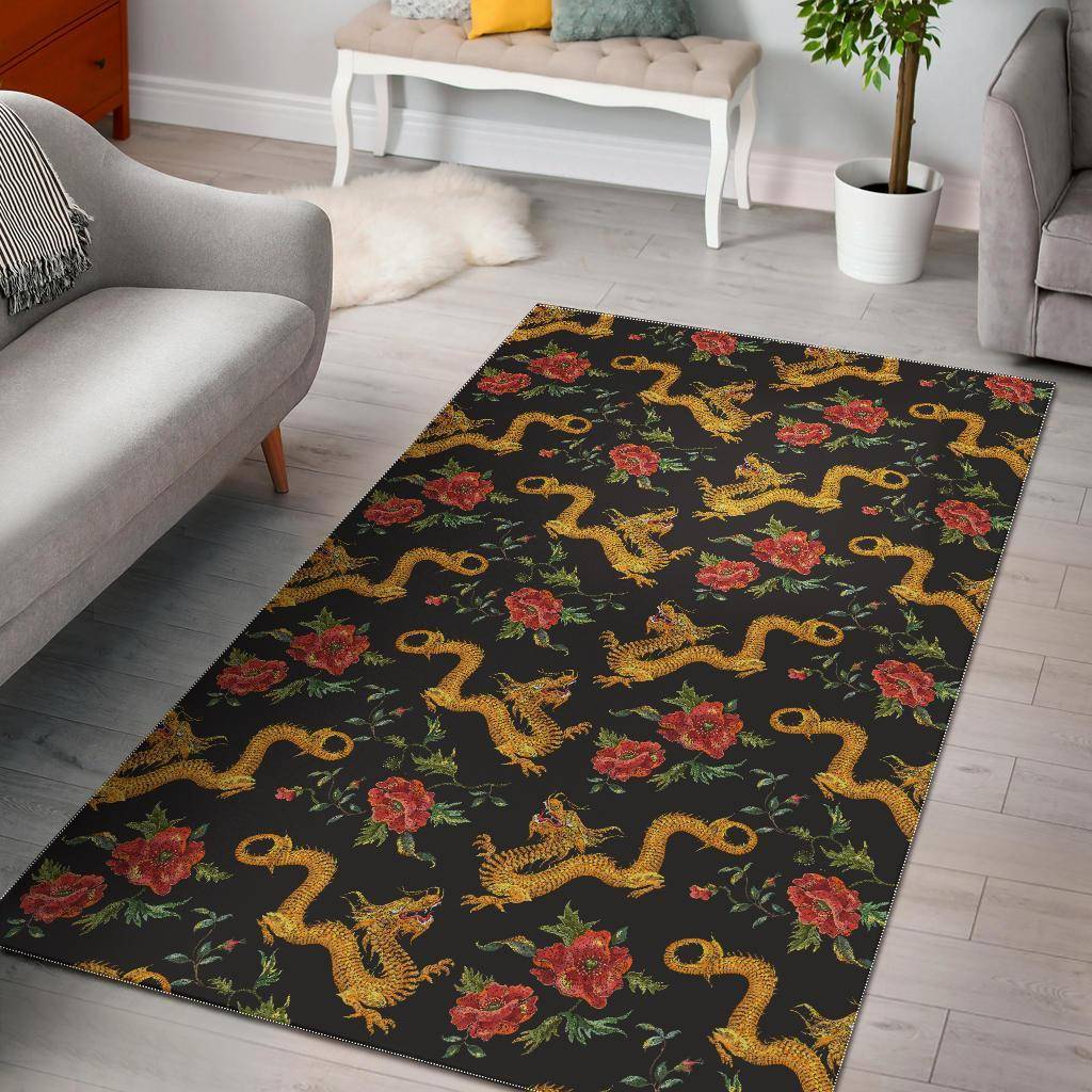 Chinese Dragon Rose Pattern Print Area Rug Living Room Rug Home Decor