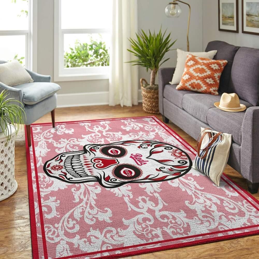 Cincinnati Reds Skull Style Mlb Baseball Team Logo Carpet Living Room Rugs