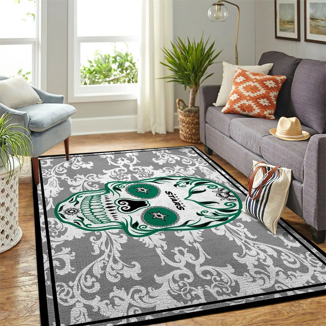 Dallas Stars Nhl Area Rugs Skull Flower Style Living Room Regtangle Carpet