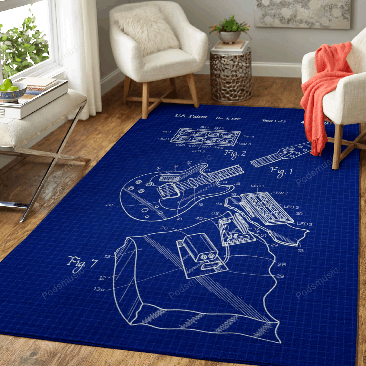 Electric Guitar Blueprint Music Instrument Blueprint Art For Fans Area Rug Living Room Carpet Rug Regtangle Carpet Floor Decor Home Decor