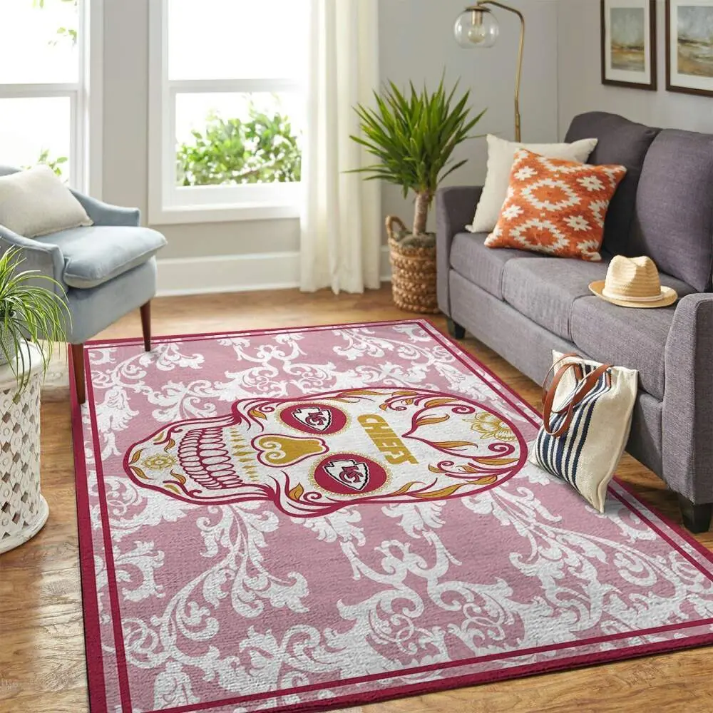 Kansas City Chiefs Nfl Rugs Skull Flower Style Living Room Regtangle Carpet