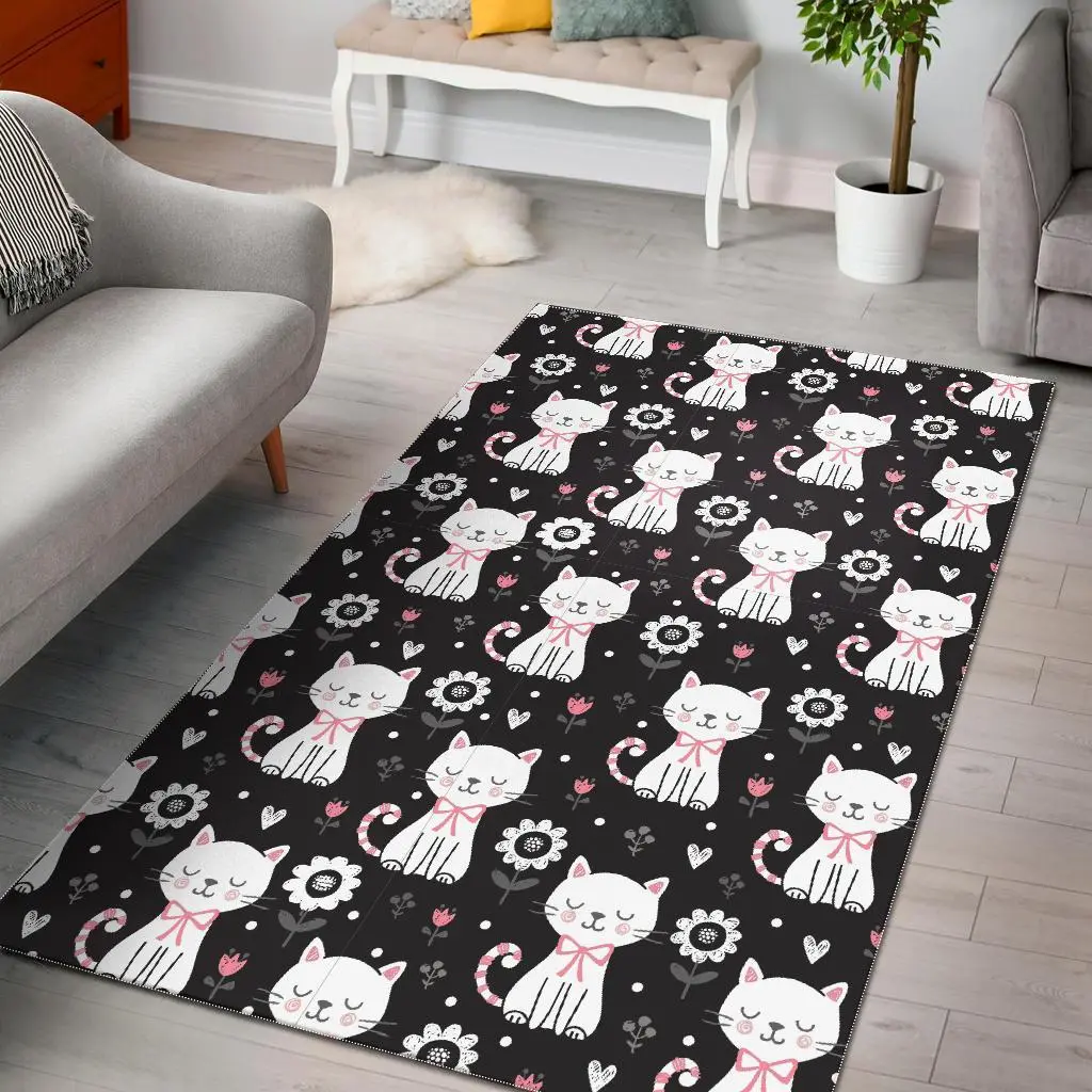 Kitten Floral Cat Pattern Print Area Rug Living Room Rug Home Decor