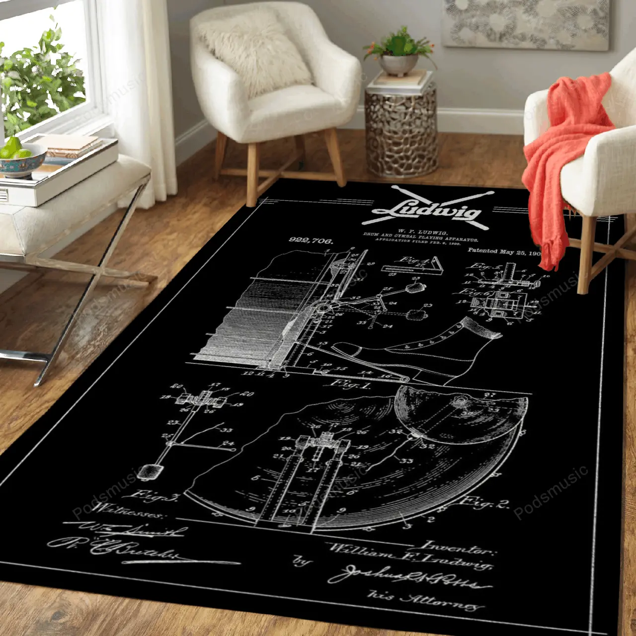 Ludwig Drum Blueprint Drums Music Art For Fans Area Rug Living Room Carpet Rug Regtangle Carpet Floor Decor Home Decor