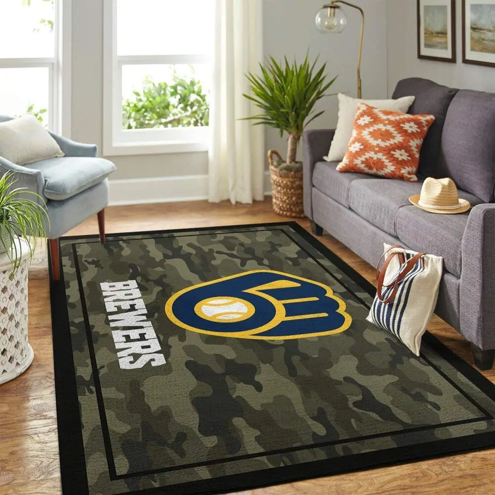 Milwaukee Brewers Camo Area Rug Mlb Team Logo Carpet Living Room Rugs Decor 5