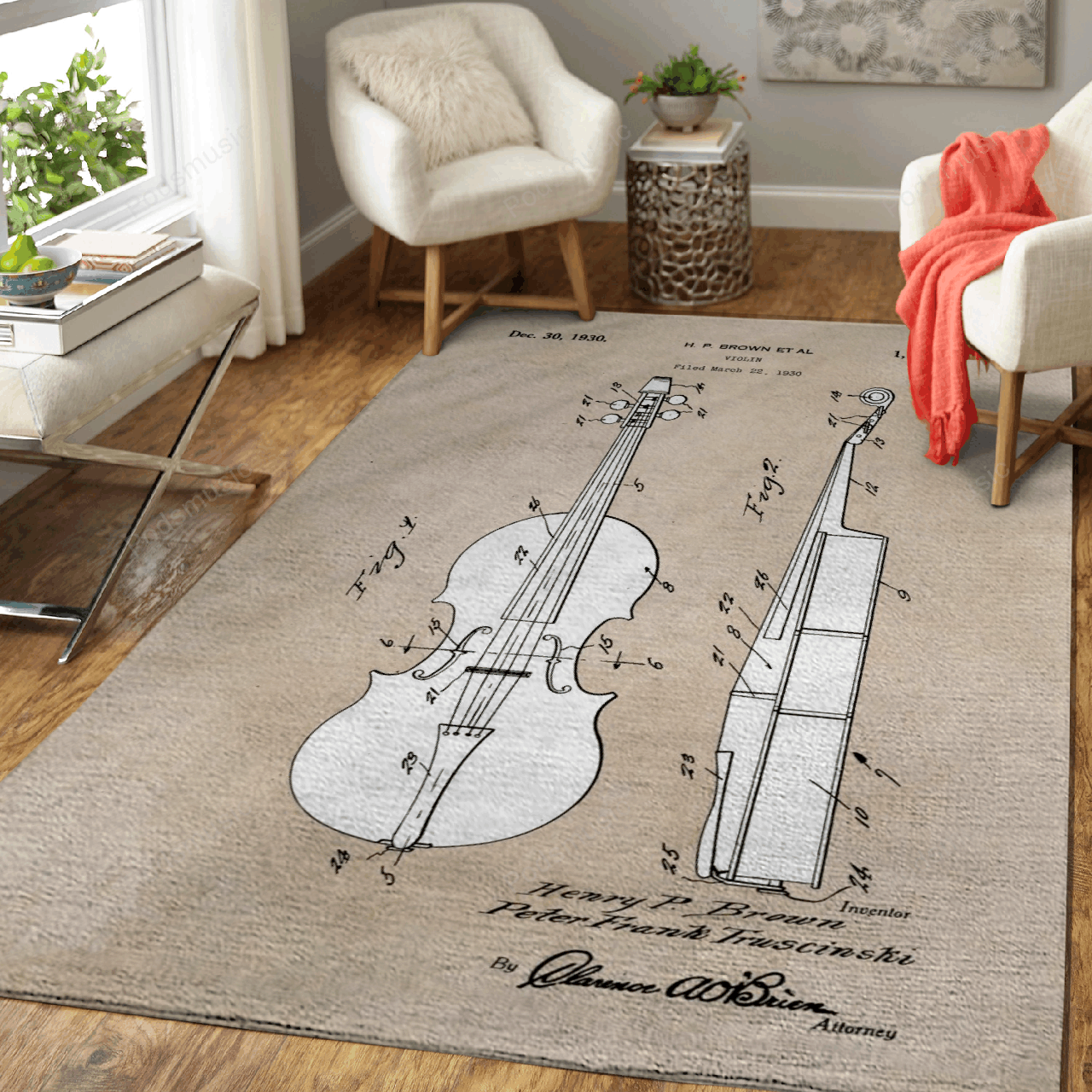 Patent Art Brown Et Al Violin 1930 Patent Music Art For Fans Area Rug Living Room Carpet Rug Regtangle Carpet Floor Decor Home Decor