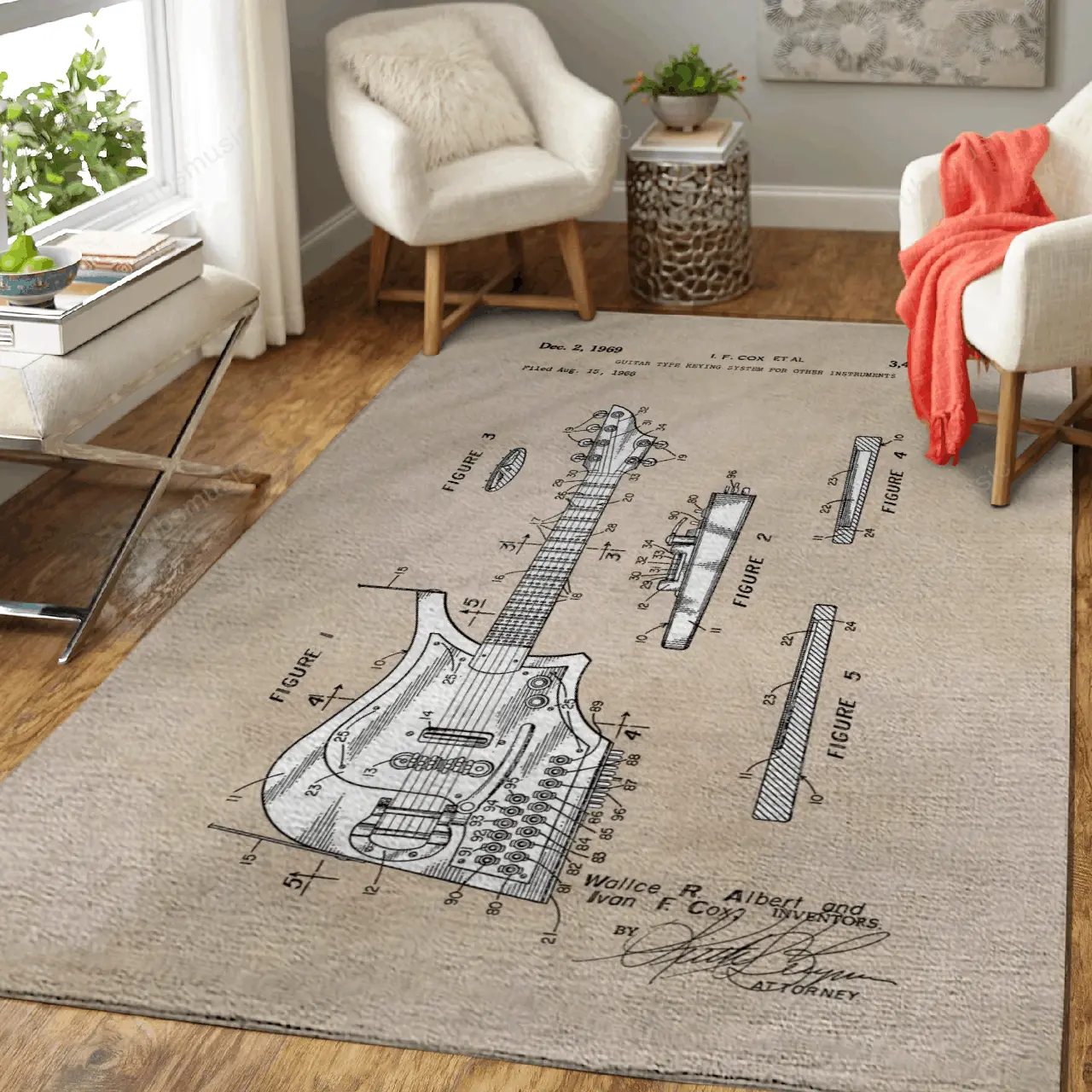 Patent Art Cox 1969 Guitar Type Keying Patent Music Art For Fans Area Rug Living Room Carpet Rug Regtangle Carpet Floor Decor Home Decor