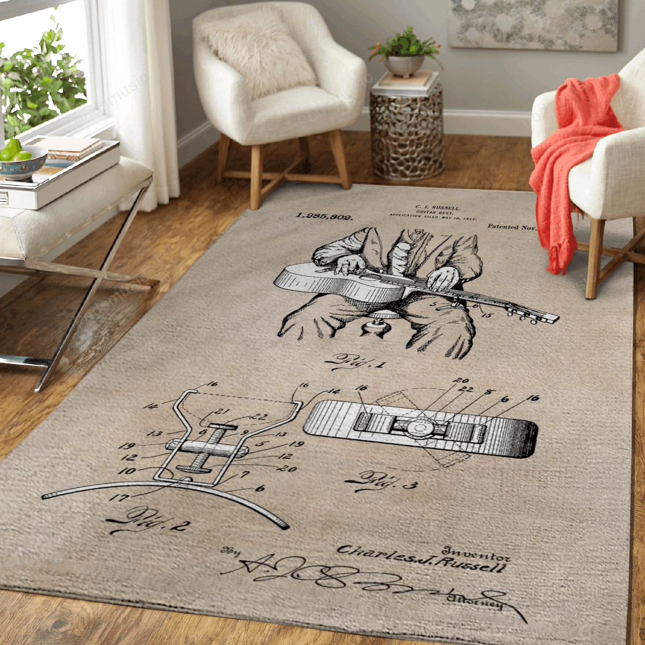 Patent Art Russell Guitar Best 1918 Patent Music Art For Fans Area Rug Living Room Carpet Rug Regtangle Carpet Floor Decor Home Decor