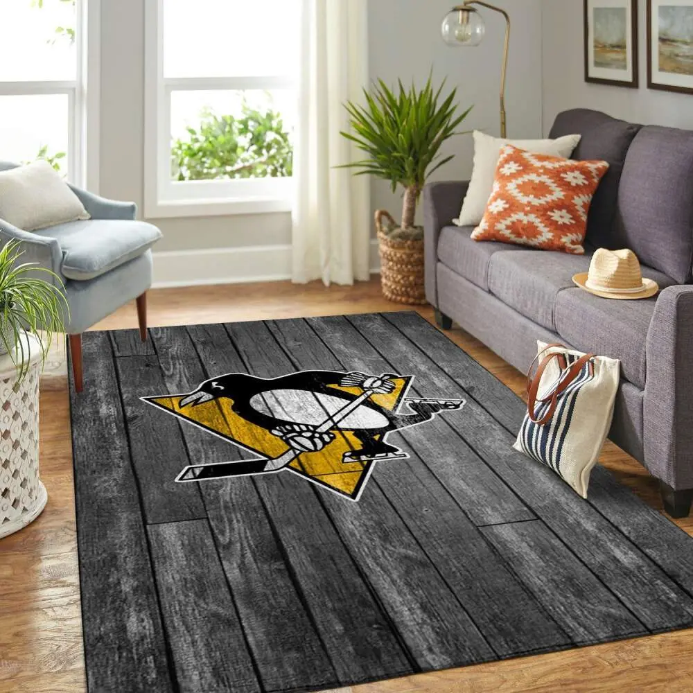 Pittsburgh Penguins Nhl Team Logo Grey Rugs Gray Wooden Style Living Room Carpet
