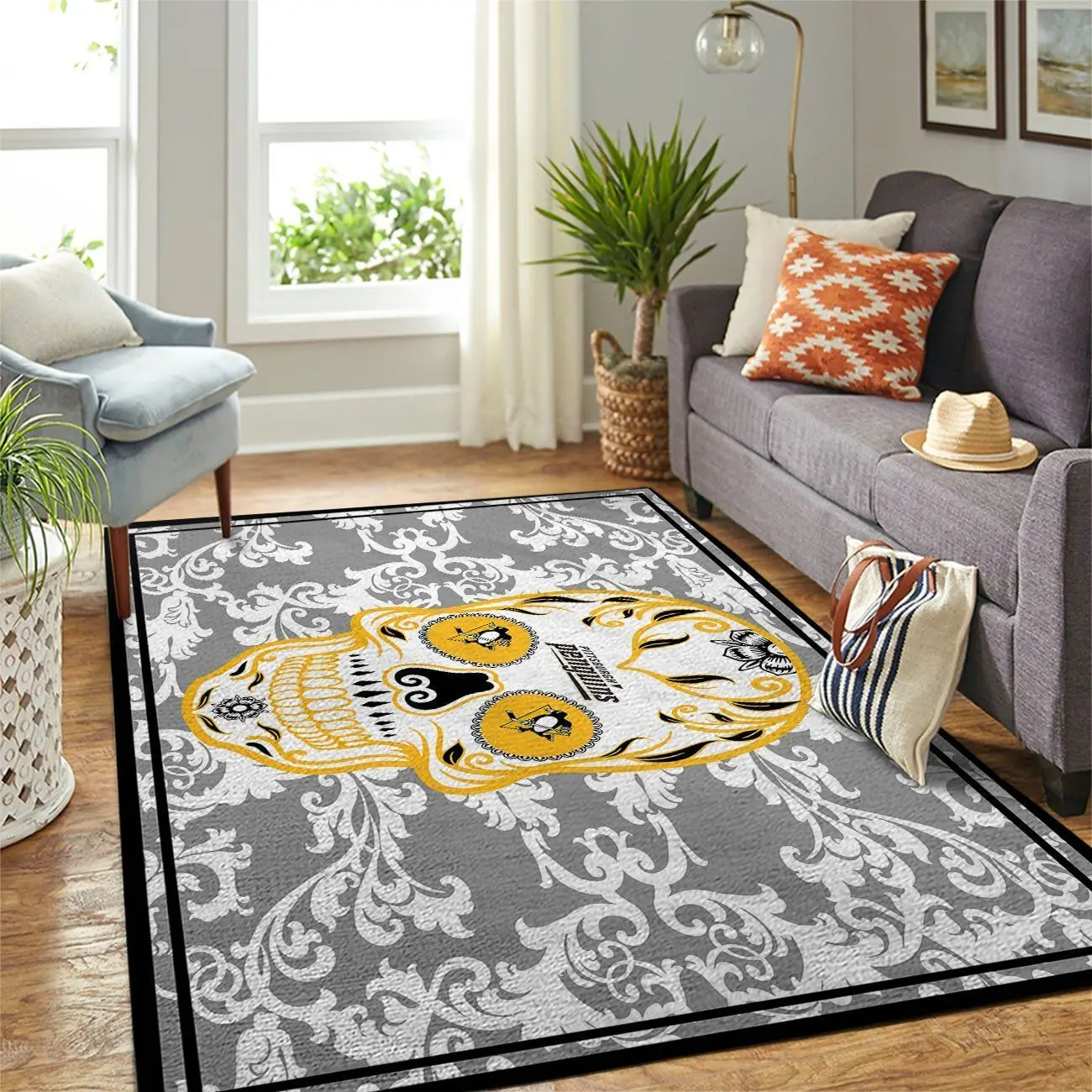 Pittsburgh Penguins Nhl Rugs Skull Flower Style Living Room Regtangle Carpet