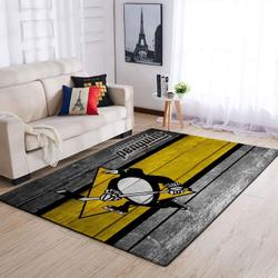 Pittsburgh Penguins Nhl Team Logo Grey Rugs Wooden Style Living Room Carpet