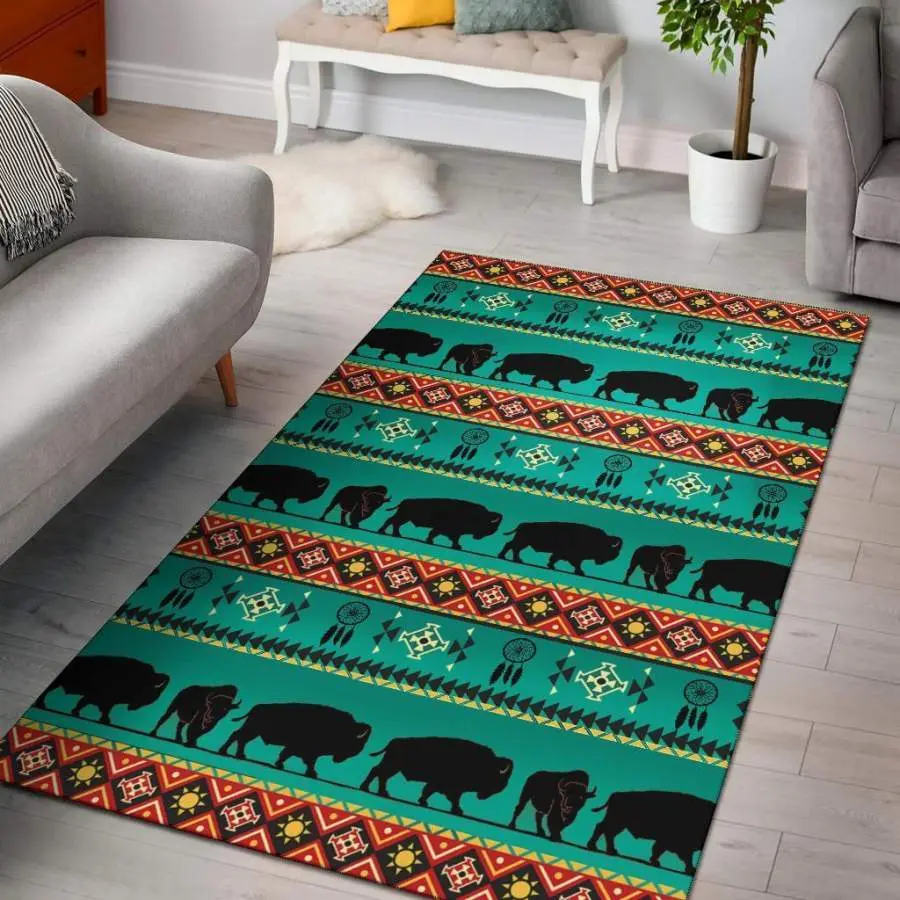 Running Bisons Green Native American Area Rug Living Room Rug Home Decor