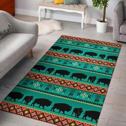 Running Bisons Green Native American Area Rug Living Room Rug Home Decor