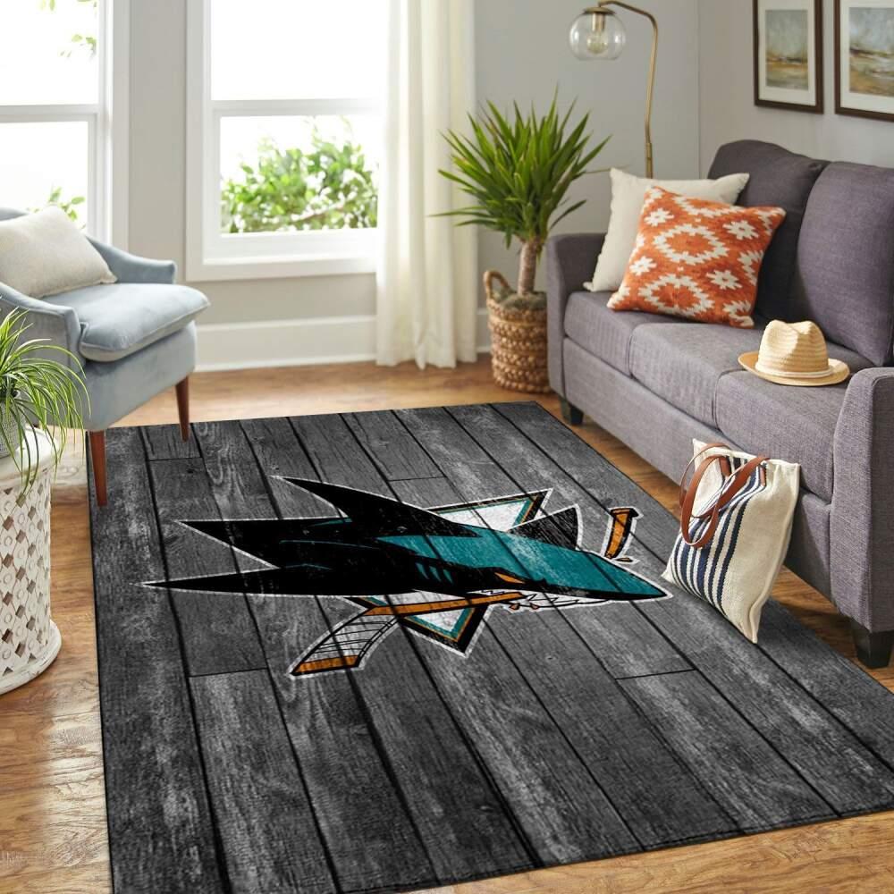 San Jose Sharks Nhl Hockey Living Room Gray Wooden Home Rug Regtangle Carpet