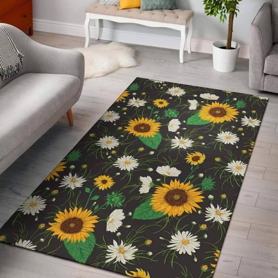 Sunflowers And White Chamomile Flowers Area Rug Living Room Rug Home Decor Carpet