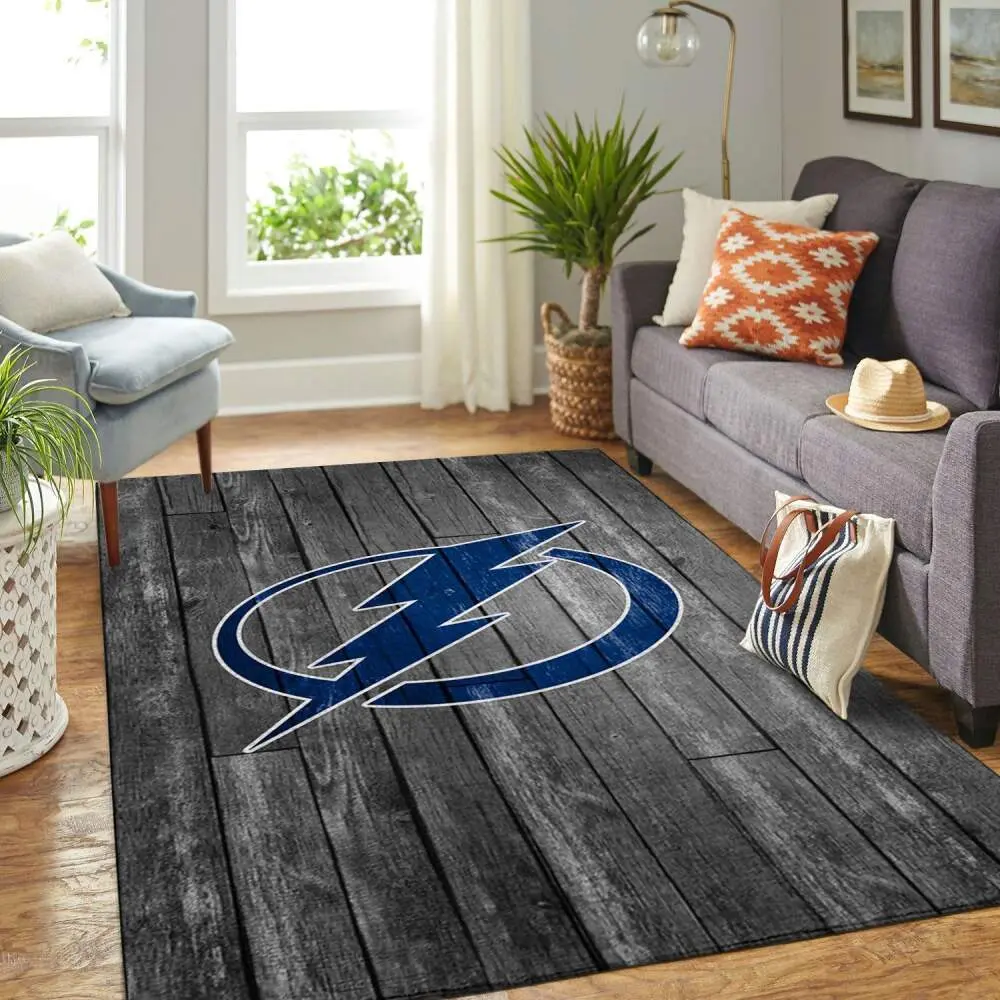 Tampa Bay Lightning Nhl Rugs Hockey Living Room Gray Wooden Regtangle Carpet