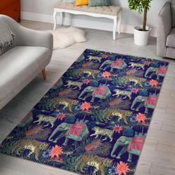 Tropical Palm Leave Peacock Tiger Elephant Area Rug Living Room Rug Home Decor