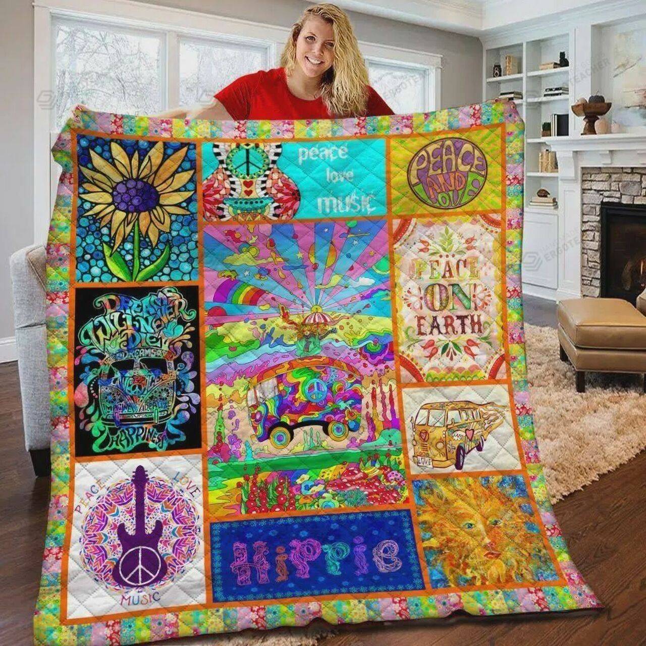 Abstract Hippie Peace Love Music Quilt Blanket Great Customized Blanket Gifts For Birthday Christmas Thanksgiving and Home Decor