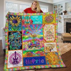 Abstract Hippie Peace Love Music Quilt Blanket Great Customized Blanket Gifts For Birthday Christmas Thanksgiving and Home Decor