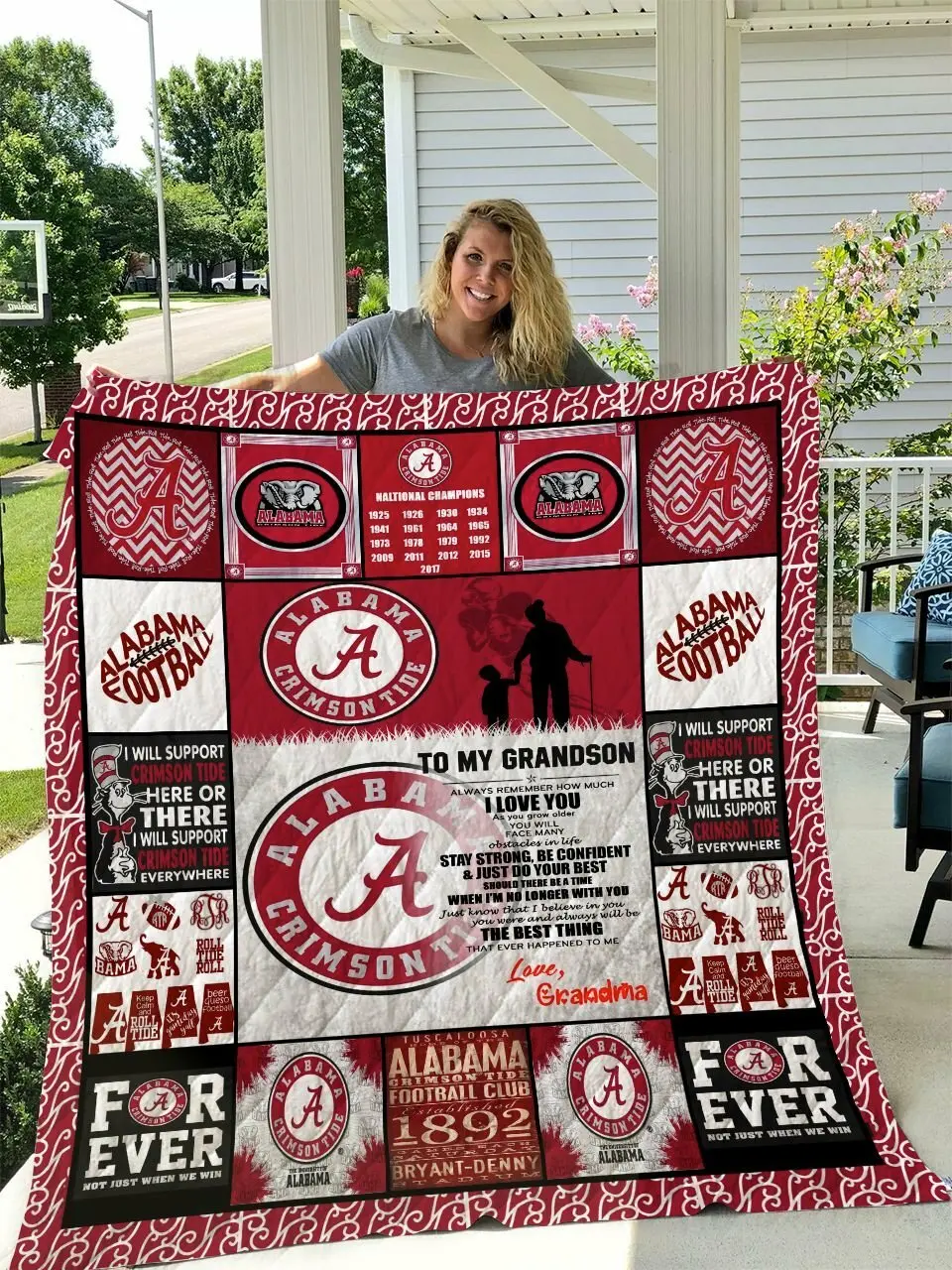 Alabama Crimson Tide To My Grandson Love Grandmom Quilt Blanket and Home Decor