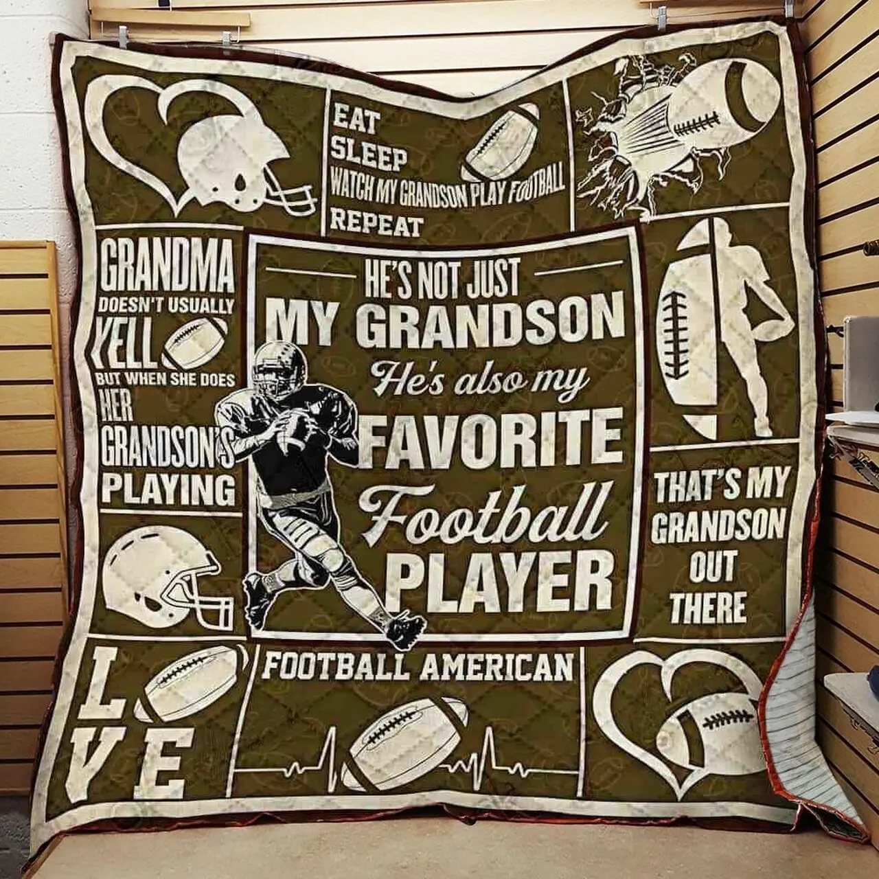 American Football HeS Not Just My Grandson Quilt Blanket Great Customized Gifts For Birthday Christmas Thanksgiving and Home Decor