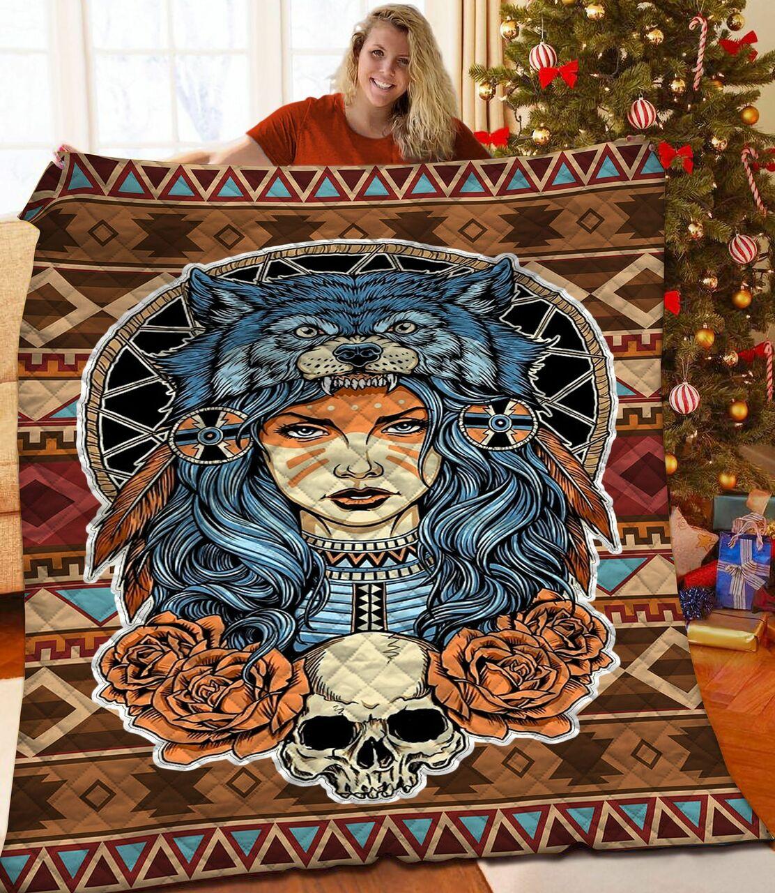 American Native Girl With Wolf Jfj Quilt Yk and Home Decor