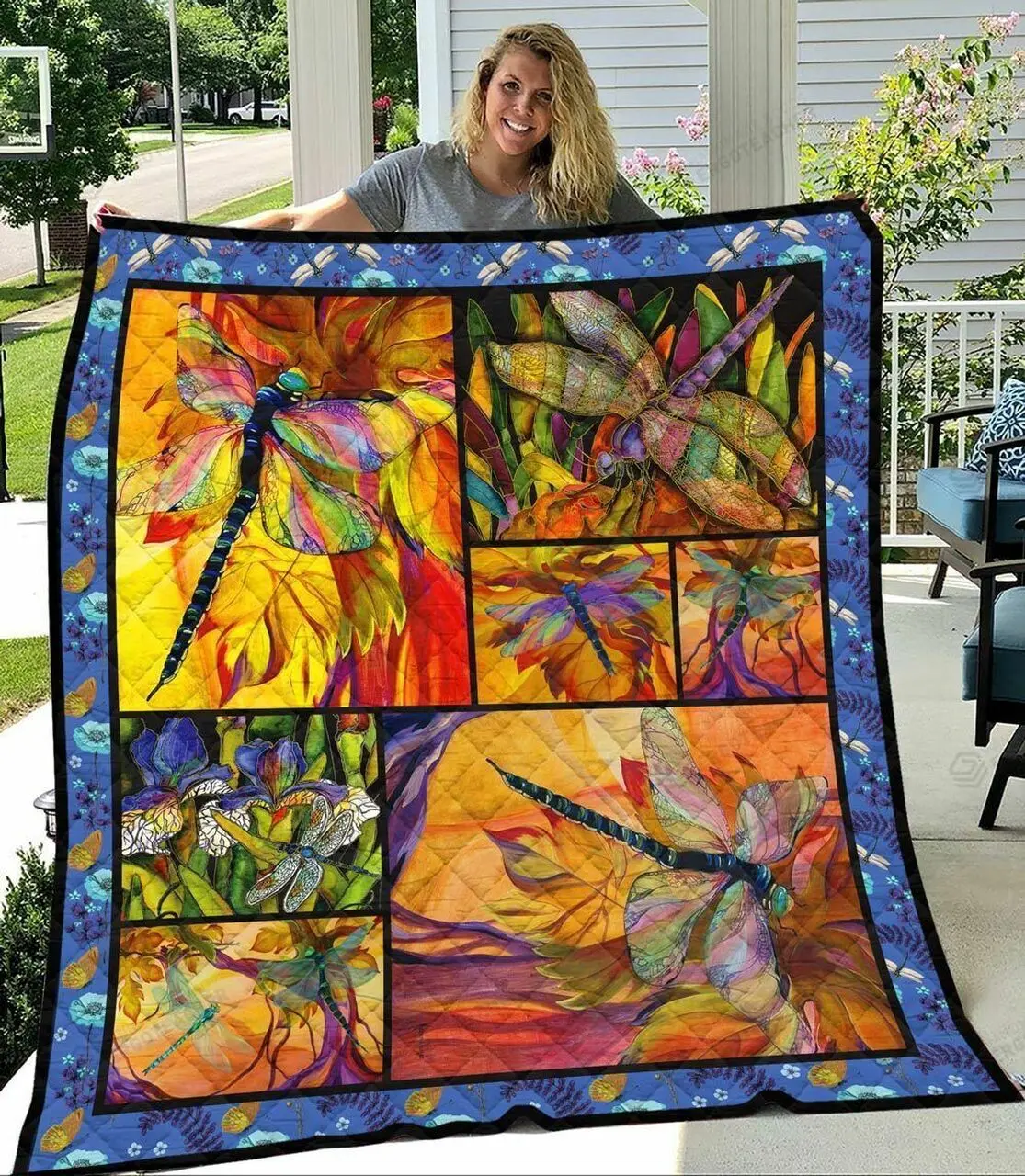Autumn Leaf Picart Printed Dragonfly Quilt Blanket Great Customized Blanket Gifts For Birthday Christmas Thanksgiving and Home Decor