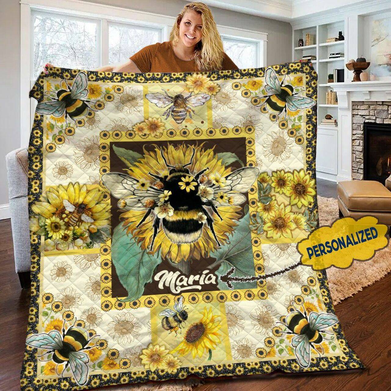 Bee Sunflower Personalized Quilt Blanket HHH060613NT and Home Decor