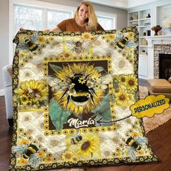 Bee Sunflower Personalized Quilt Blanket HHH060613NT and Home Decor