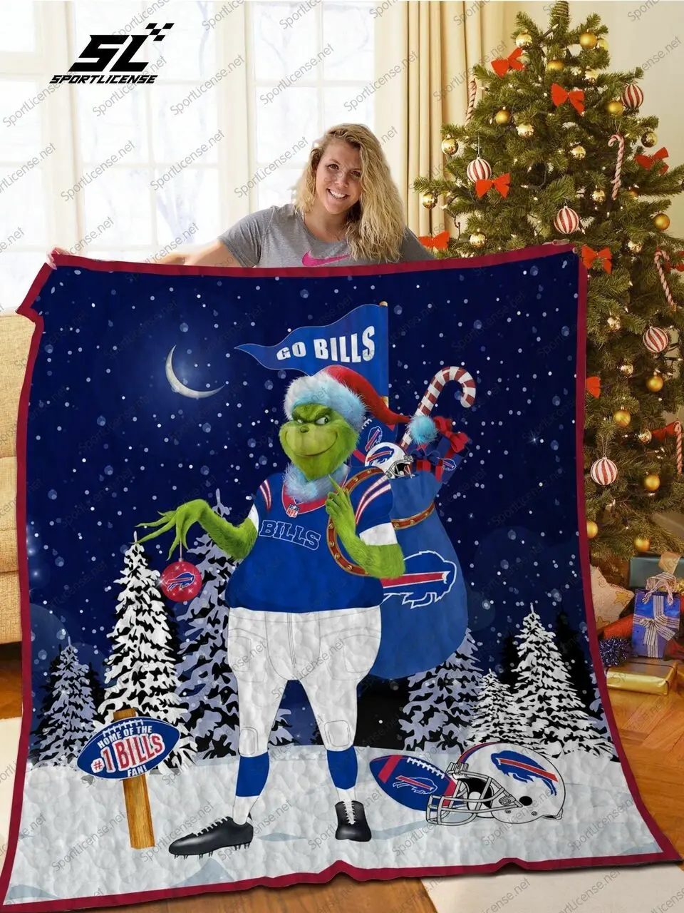 Bl Bb Grinch Santa Quilt Blanket and Home Decor