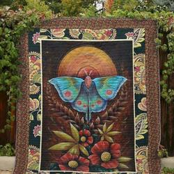 Blue Butterfly And Red Flowers Hur Quilt uj and Home Decor