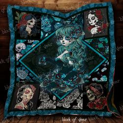Blue Skull Girl Quilt Blanket Great Customized Gifts For Birthday Christmas Thanksgiving Perfect Gifts For Skull Lover      and Home Decor