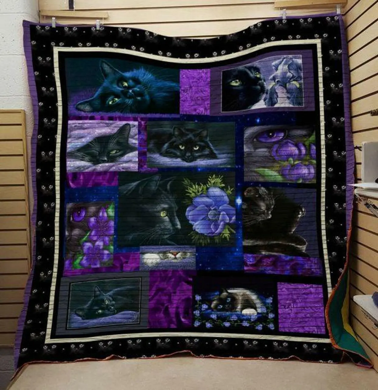 Blue Violet Flower And Cat Quilt Blanket Quilt and Home Decor
