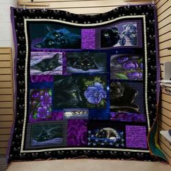Blue Violet Flower And Cat Quilt Blanket  Quilt and Home Decor