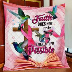 Breast Cancer Awareness Hummingbird Quilt Blanket and Home Decor