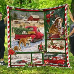 Bulldog Red Truck Christmas Premium Quilt Home Decor  Quilt and Home Decor