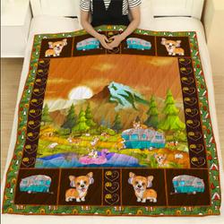 Bundle Of Camping Corgi Dog Lovers Quilt Blanket and Home Decor