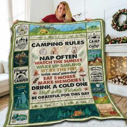 Camping Rules Sit By The Fire Relax And Unwind Be Grateful For This Day Quilt Blanket Great Customized Blanket Gifts For Birthday Christmas Thanksgiving and Home Decor
