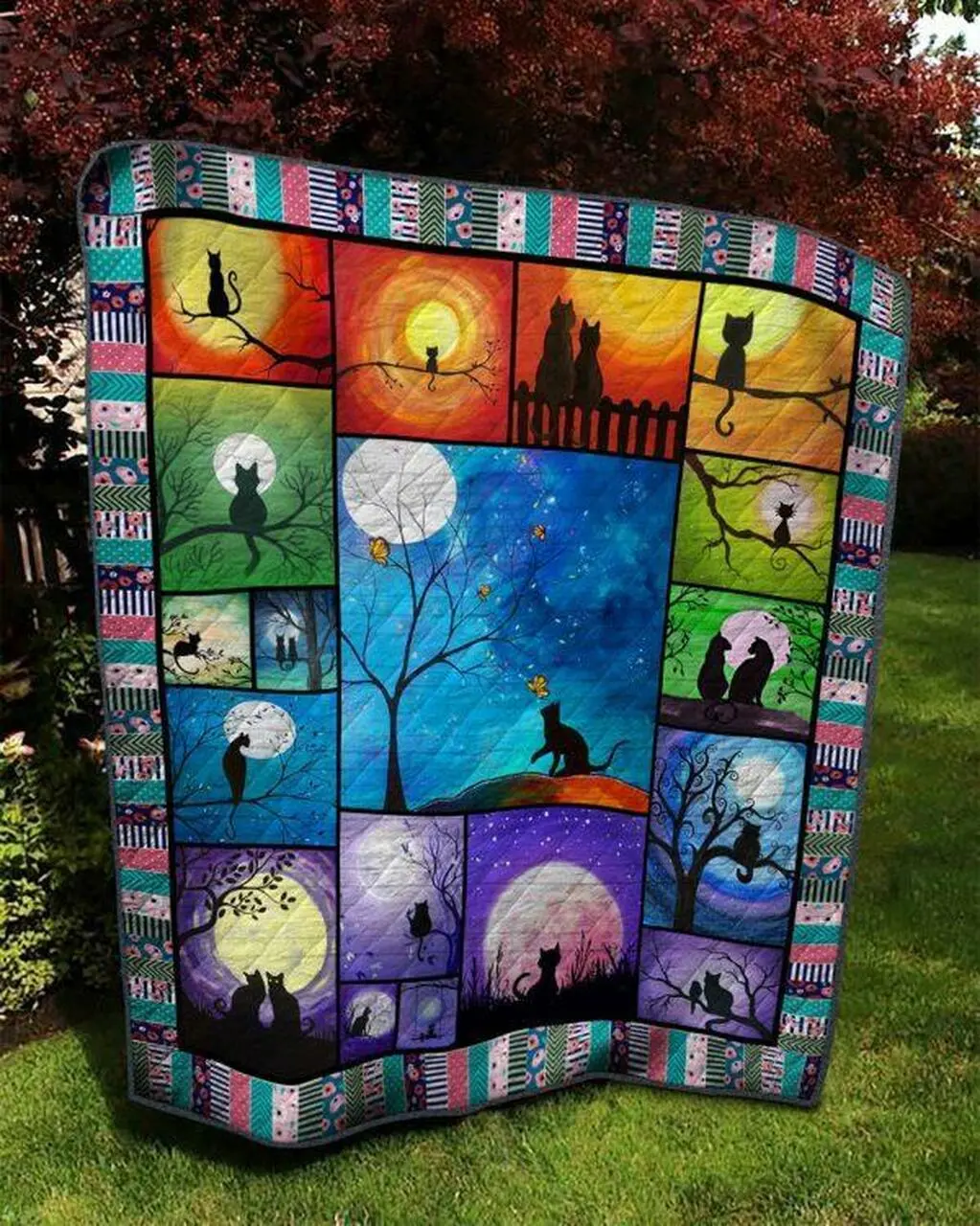 Cat And Moonnight Painting Quilt Blanket Quilt and Home Decor