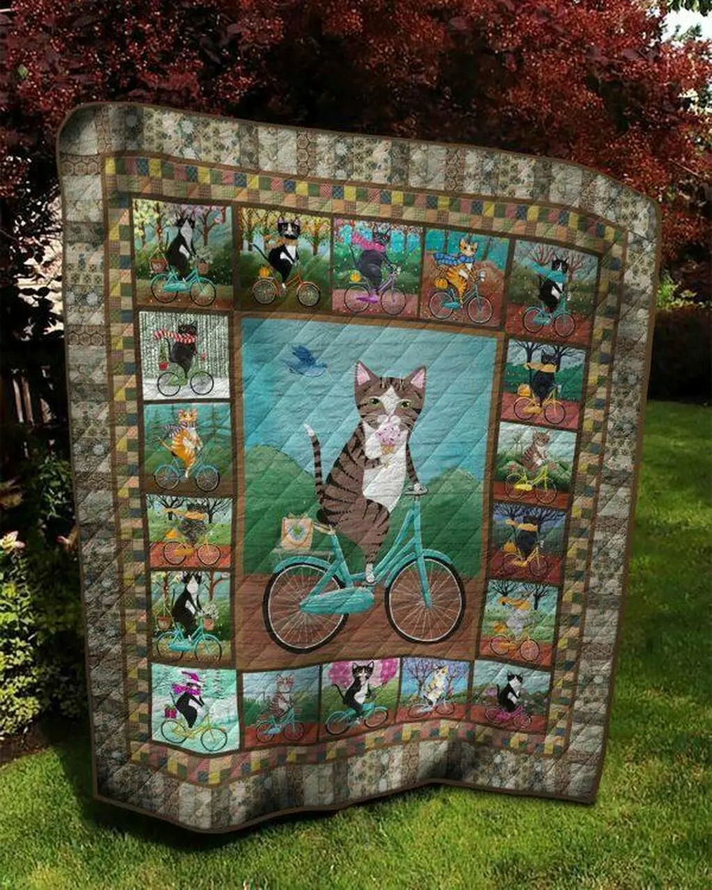 Cat Cycling And Eating Ice Cream Quilt Blanket Quilt and Home Decor