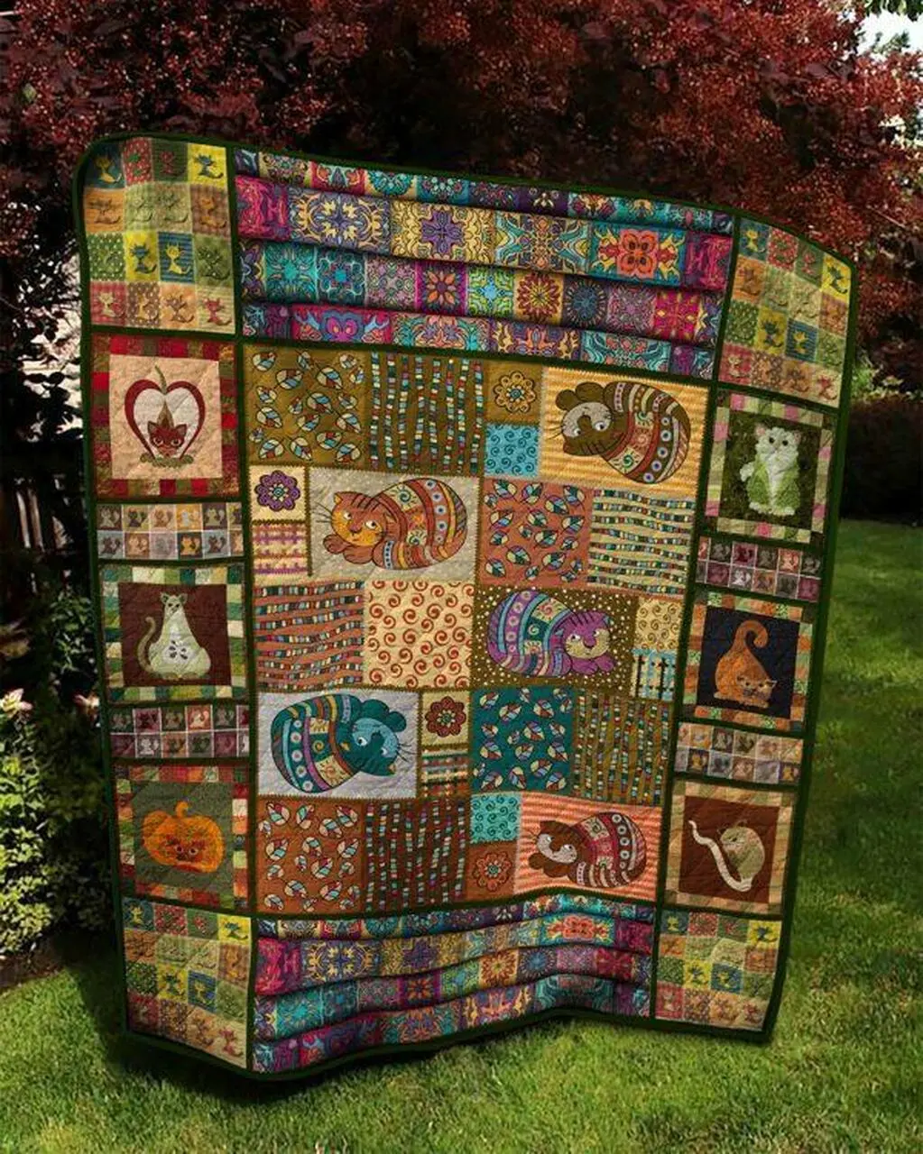 Cat Leaf And Flower Pattern Quilt Blanket Quilt and Home Decor