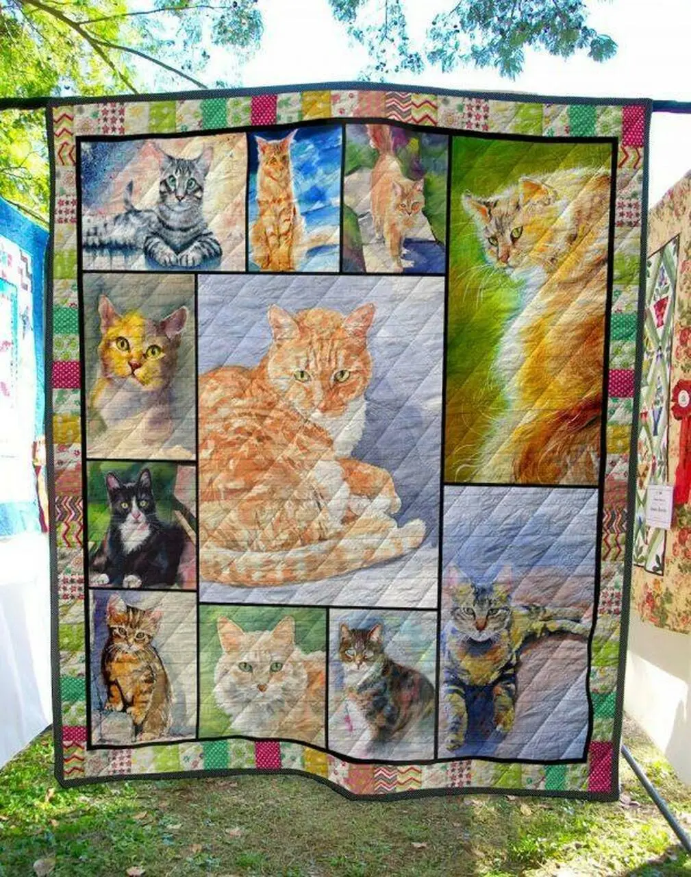 Cat Staring Oil Painting Quilt Blanket Quilt and Home Decor