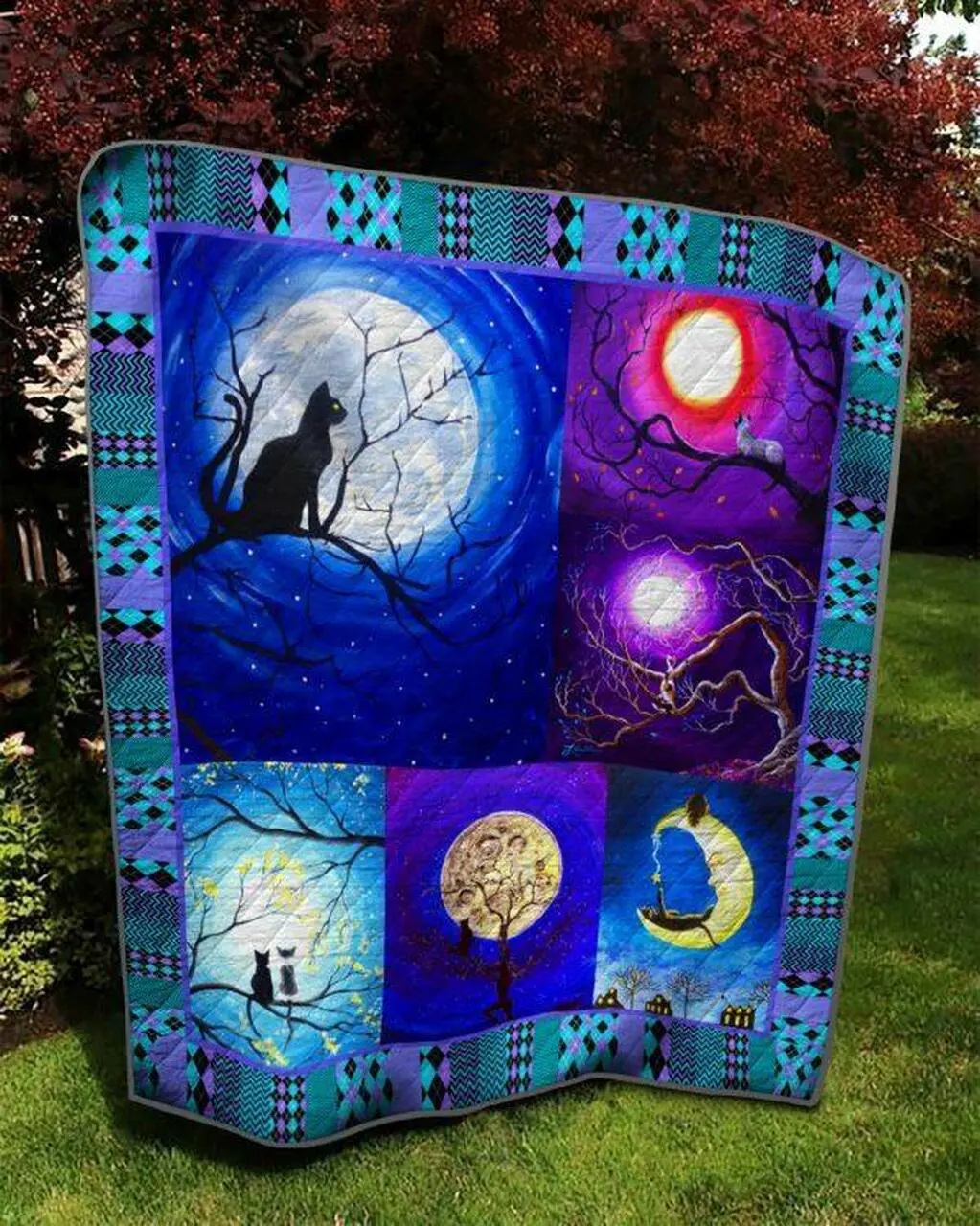 Cat Under Moonlight Quilt Blanket Quilt and Home Decor