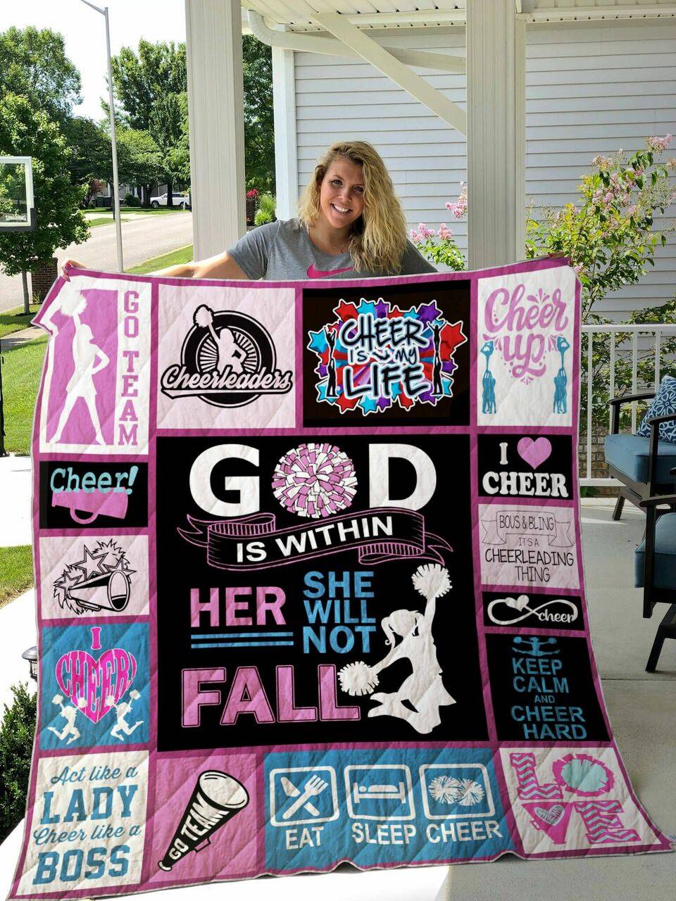 Cheerleading God Is Within Her And She Will Not Fall Quilt Blanket Great Customized Blanket Gifts For Birthday Christmas Thanksgiving and Home Decor