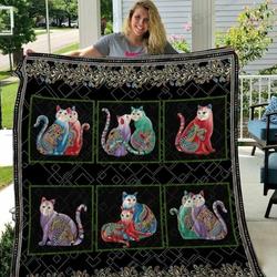 Colorful Cat Flower Pattern Quilt Blanket Great Customized Gifts For Birthday Christmas Thanksgiving Perfect Gifts For Cat Lover and Home Decor