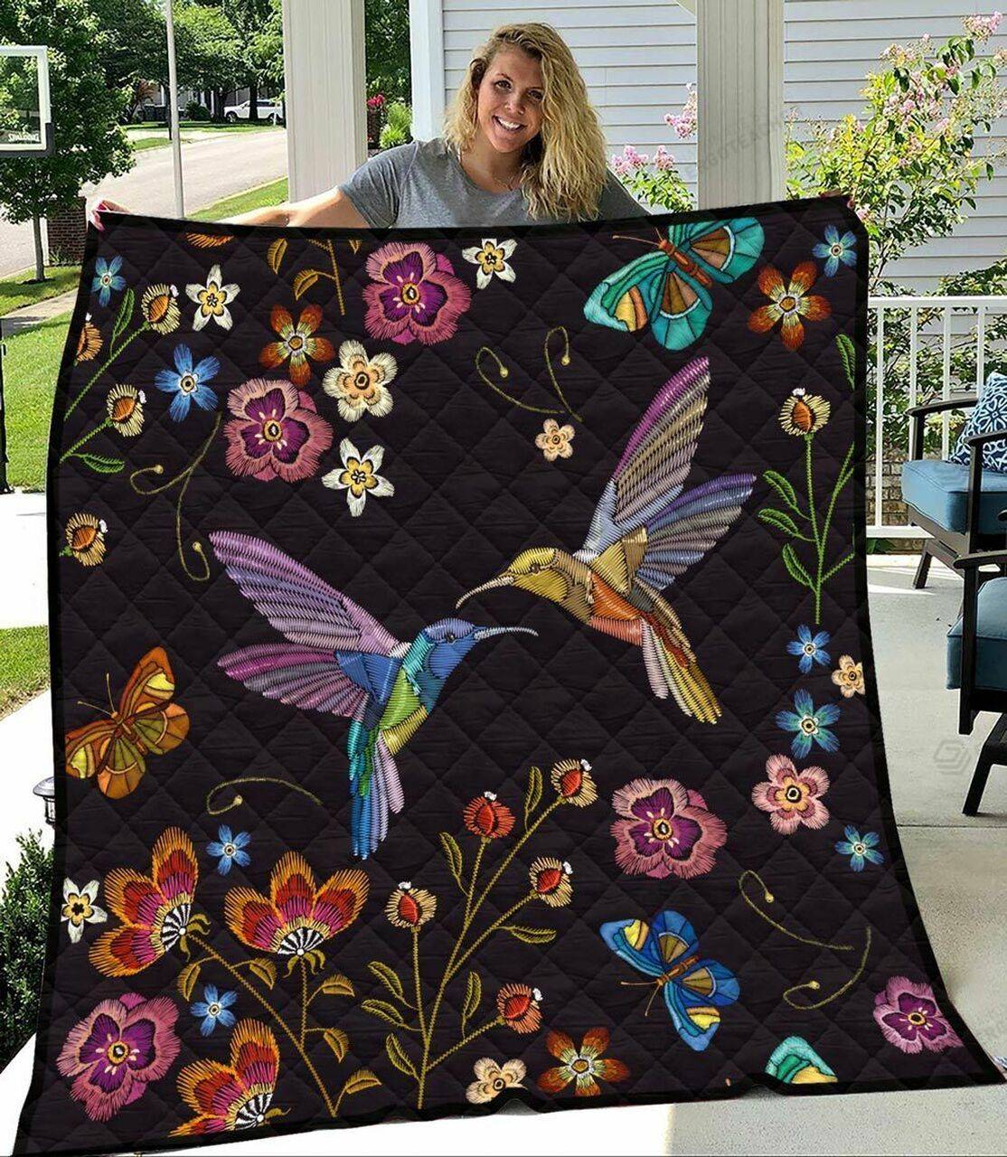 Colorful Flowers And Love Bird Black Quilt Blanket Great Customized Blanket Gifts For Birthday Christmas Thanksgiving and Home Decor