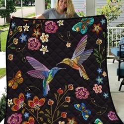 Colorful Flowers And Love Bird Black Quilt Blanket Great Customized Blanket Gifts For Birthday Christmas Thanksgiving and Home Decor