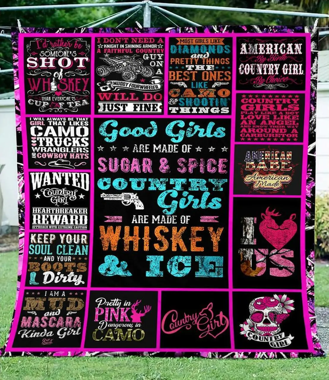 Country Girl Pink Camo Muddy Girl Quotes Quilt Gift Ideas For Country Girls And Women Premium Quilt and Home Decor