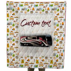 Custom Text Camping Themed Class A Motor Coach Quilt For Campers and Home Decor