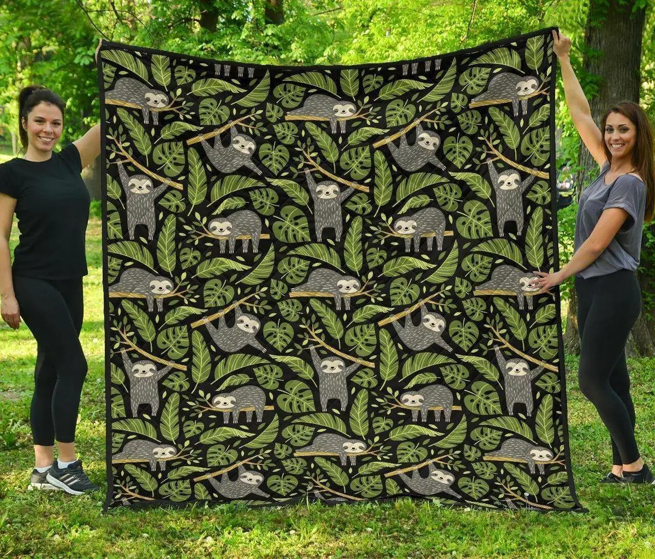 Cute Sloths Tropical Palm Leaves Black Background DHCDHC DT1910 Quilt Blanket and Home Decor